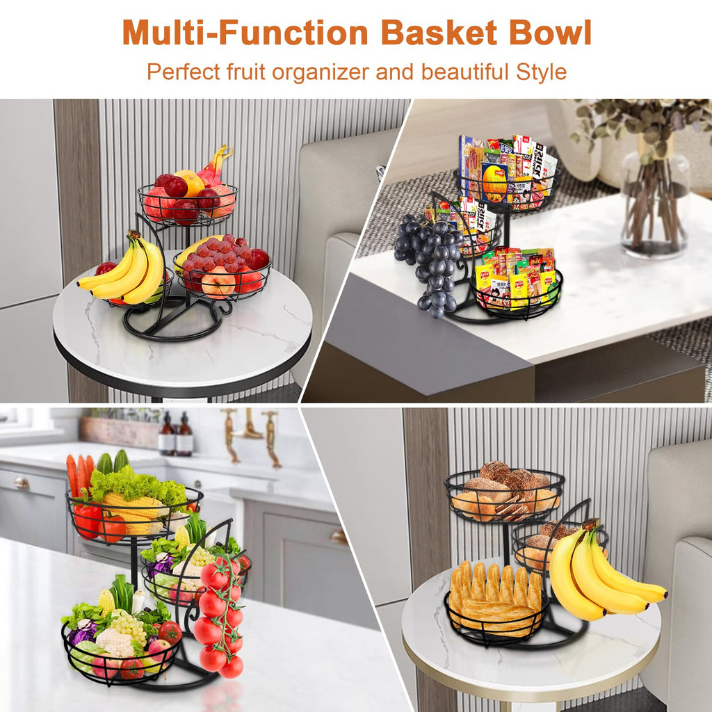 Fruit Basket Bowl with Banana Hanger, 3-Tier Metal Base Q989782