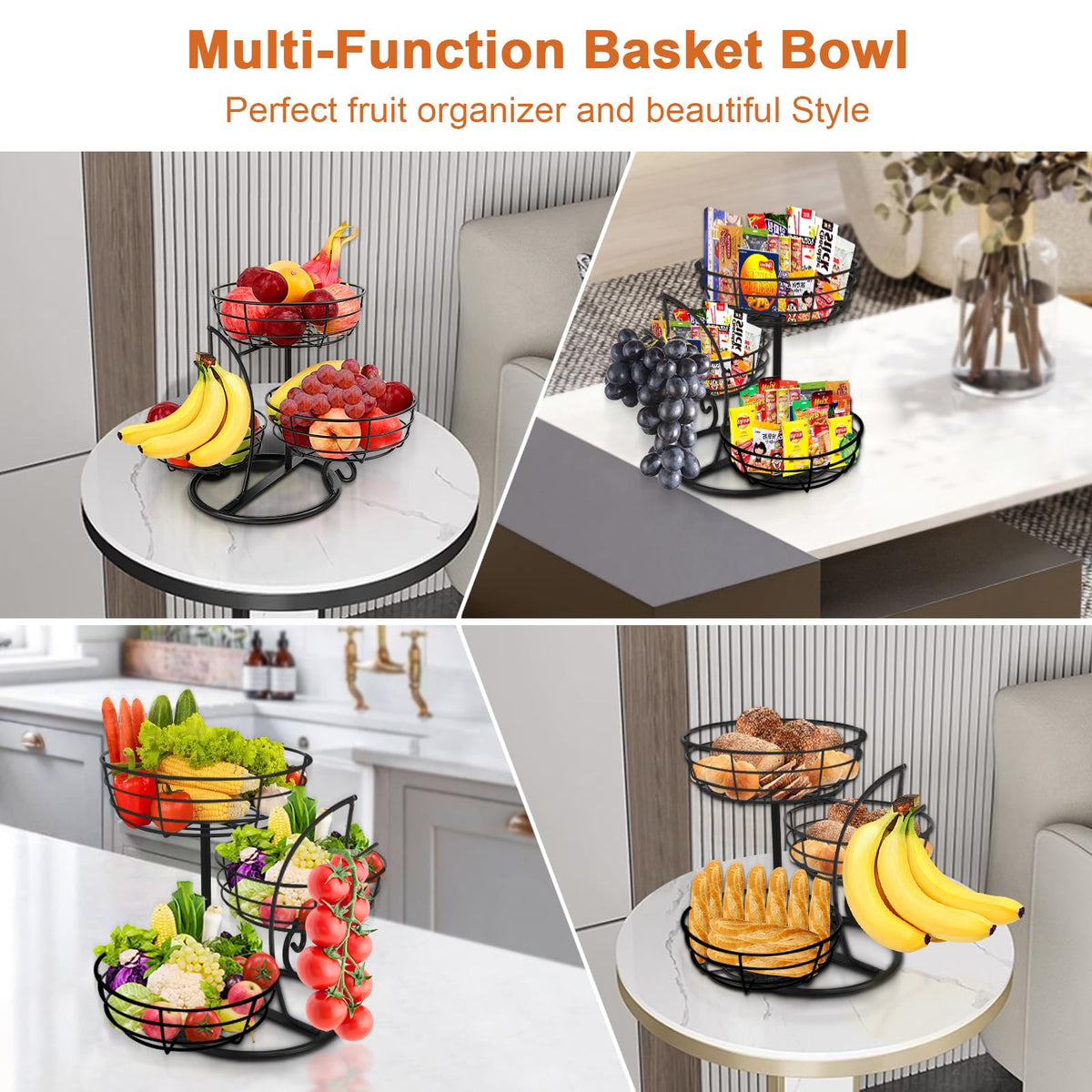 Fruit Basket Bowl with Banana Hanger, 3-Tier Metal Base Q989782