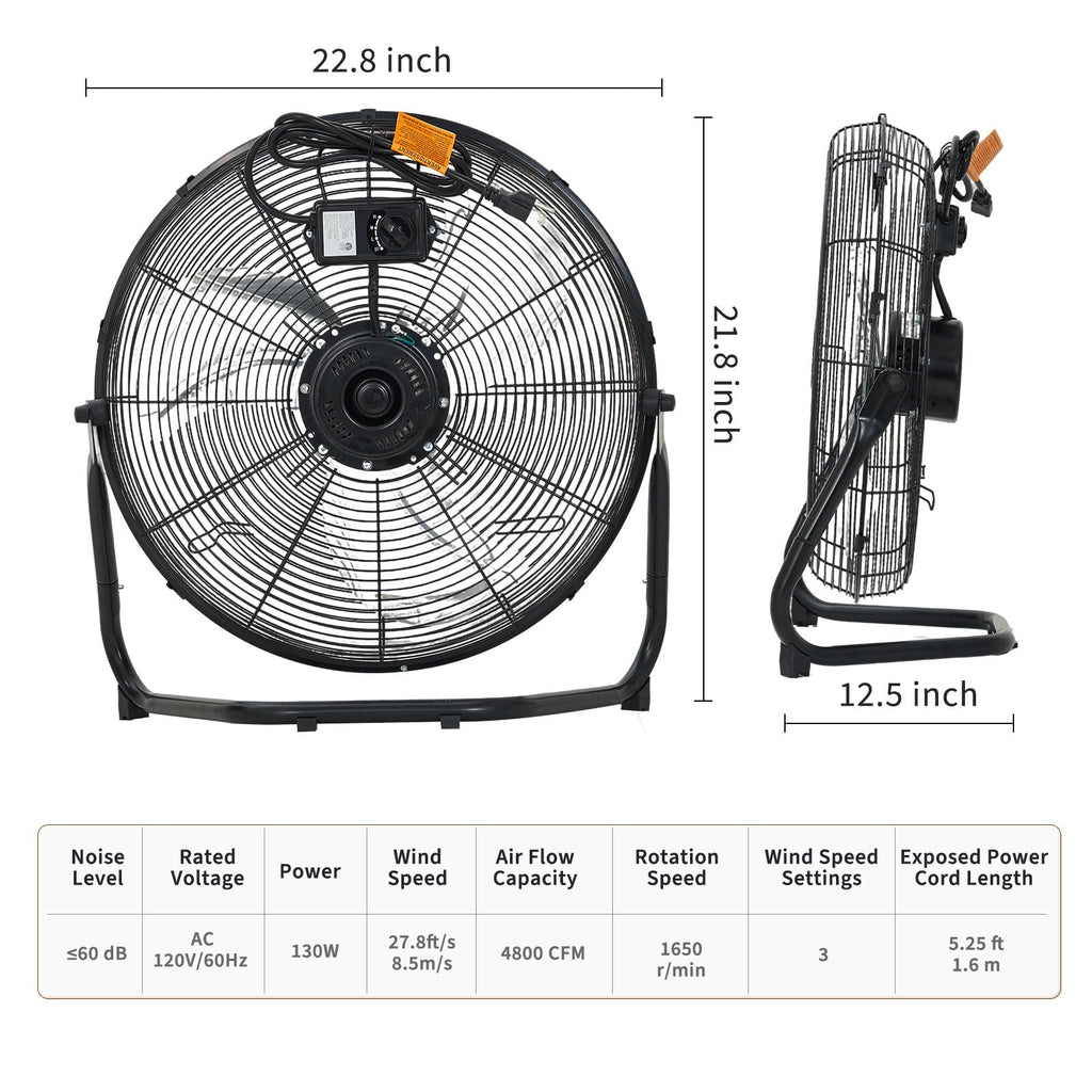 20" High Velocity Floor Fan, 4800 CFM Heavy Duty Industrial Metal Fan with 3 Speeds D1039