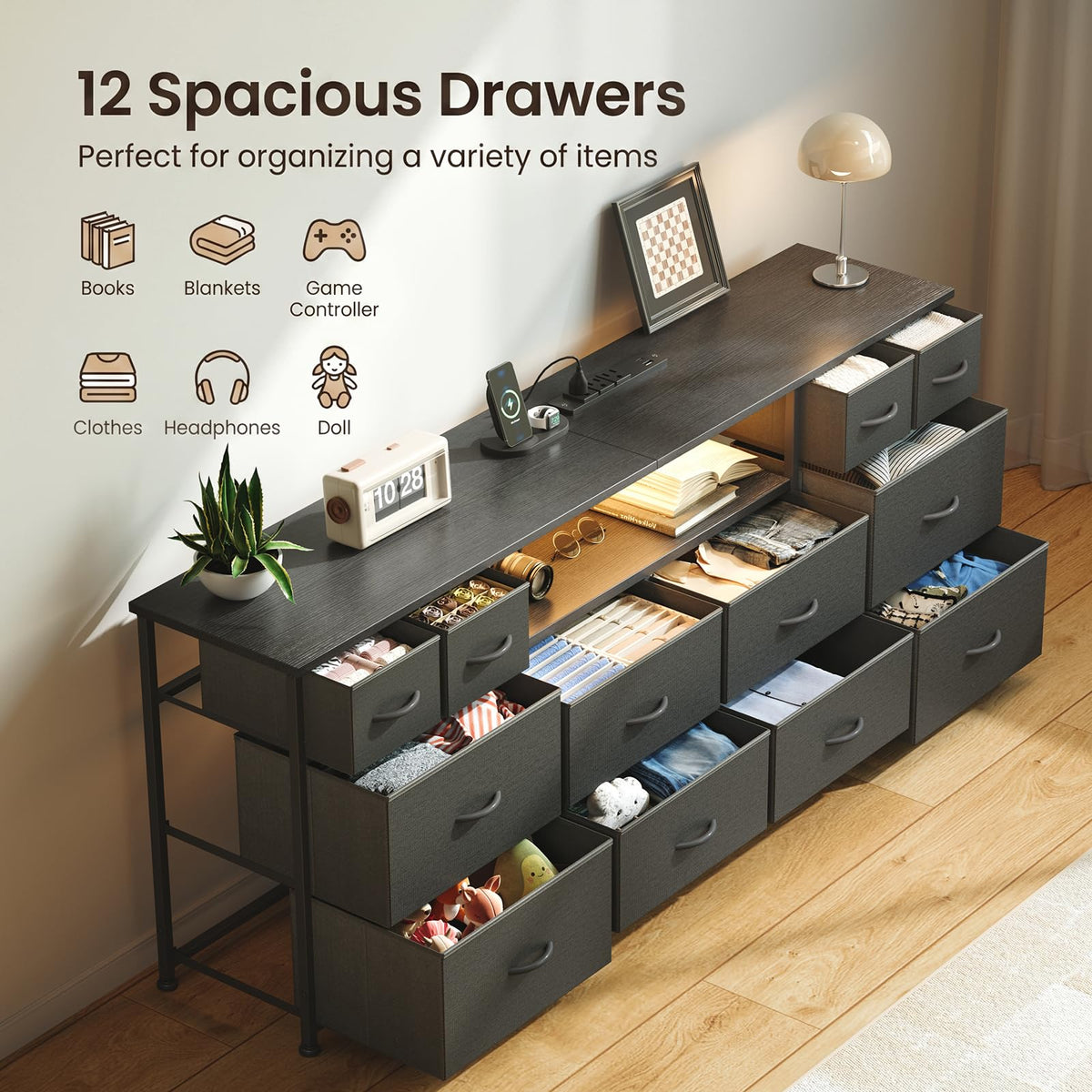 63 Inch 12 Drawer Black Dresser M877
