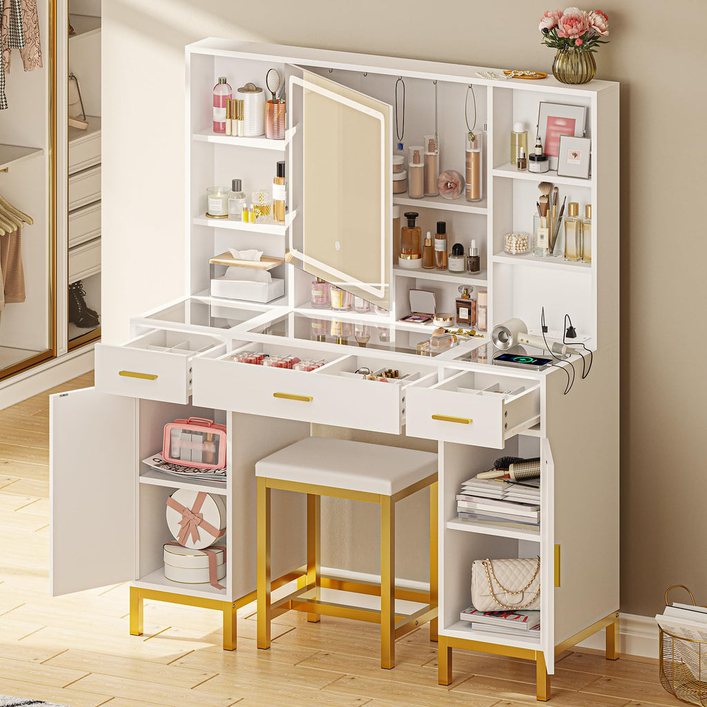 White Vanity Desk with Mirror and Lights O3127