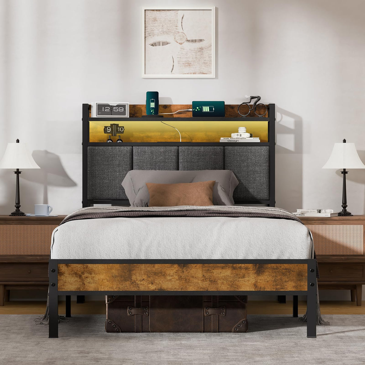 Twin Bed Frame with Upholstered Headboard V783963