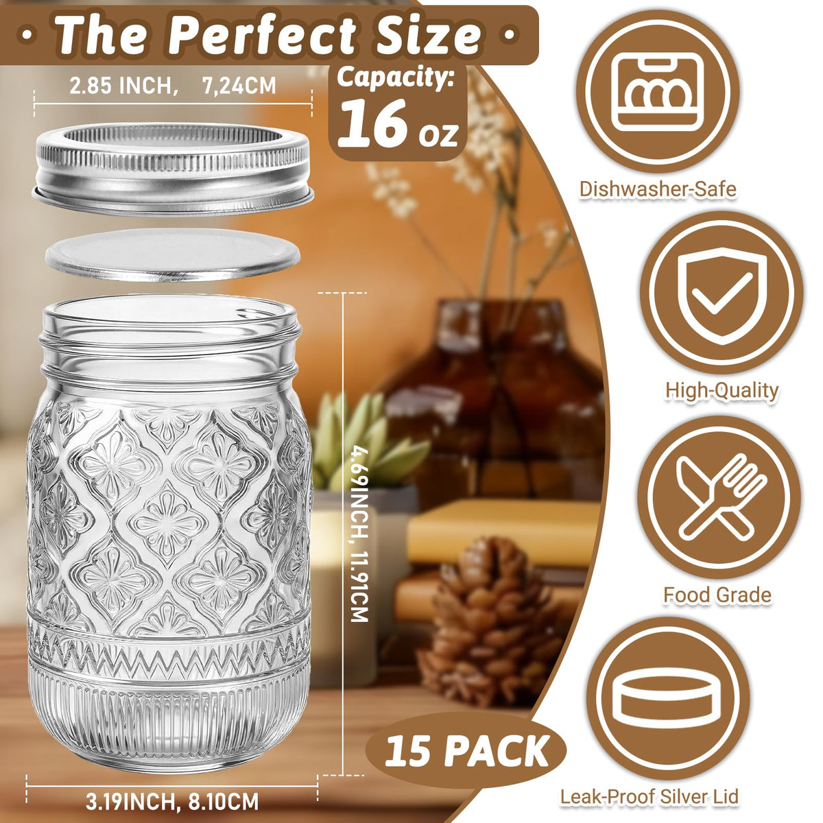 16oz Embossed Mason Jars 15-Pack with Airtight Lids X12609