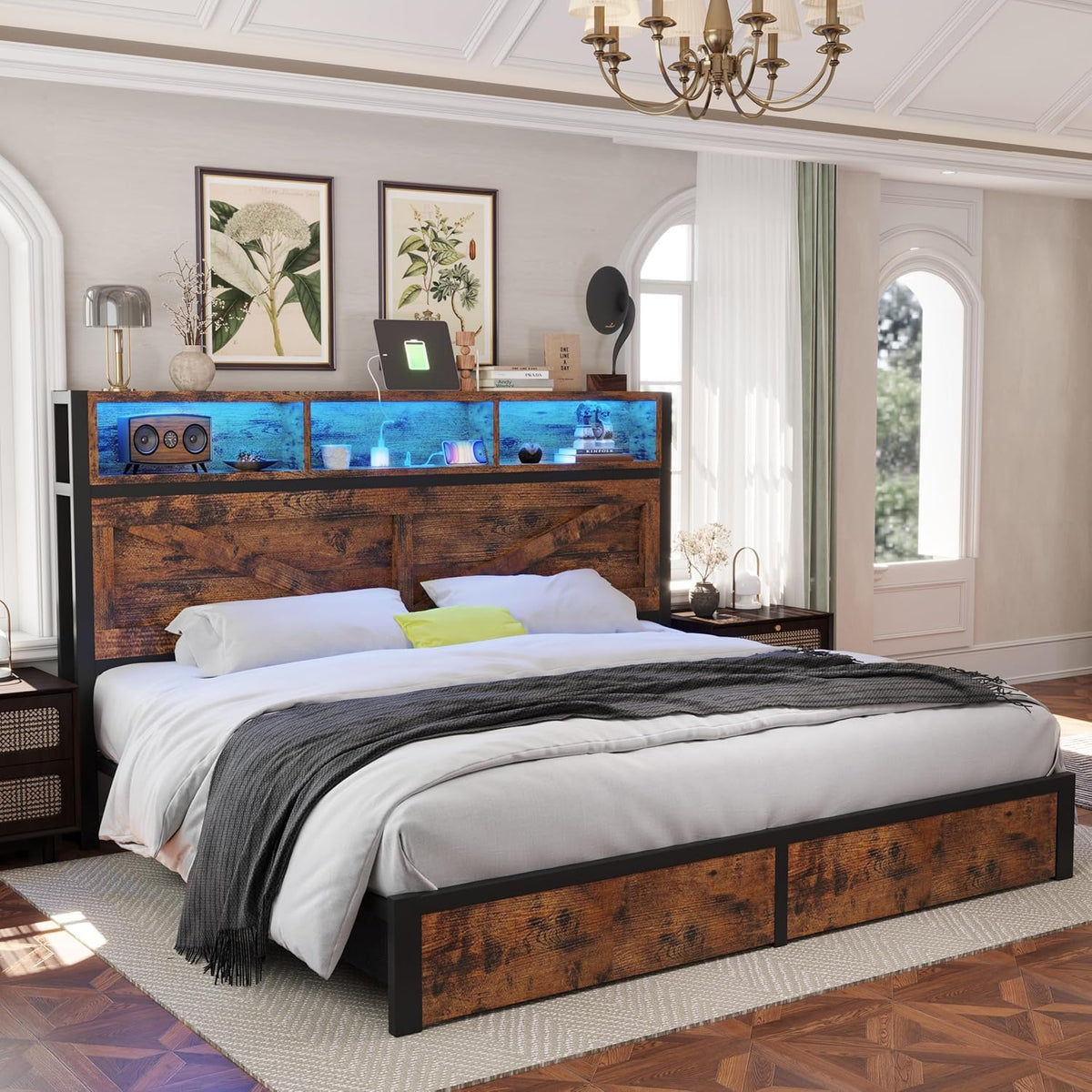 King Bed Frame with Storage Bookcase Headboard & Drawers, Brown U21935