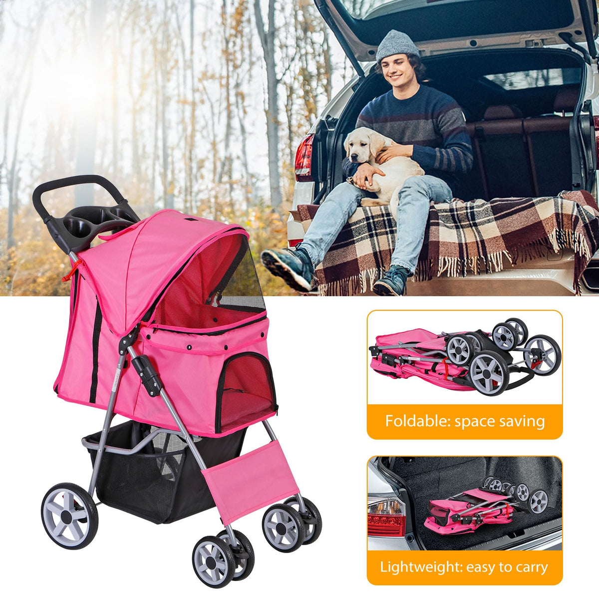 4 Wheels Folding Dog Stroller with Storage Basket, Pink V957