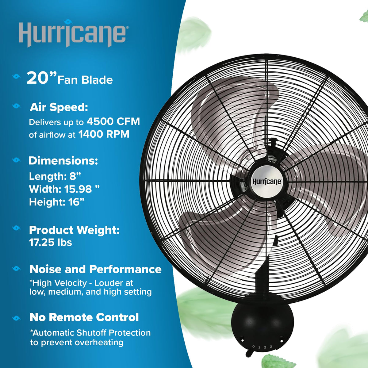 Black 20in 3 Speed Oscillating Wall Fan H44566