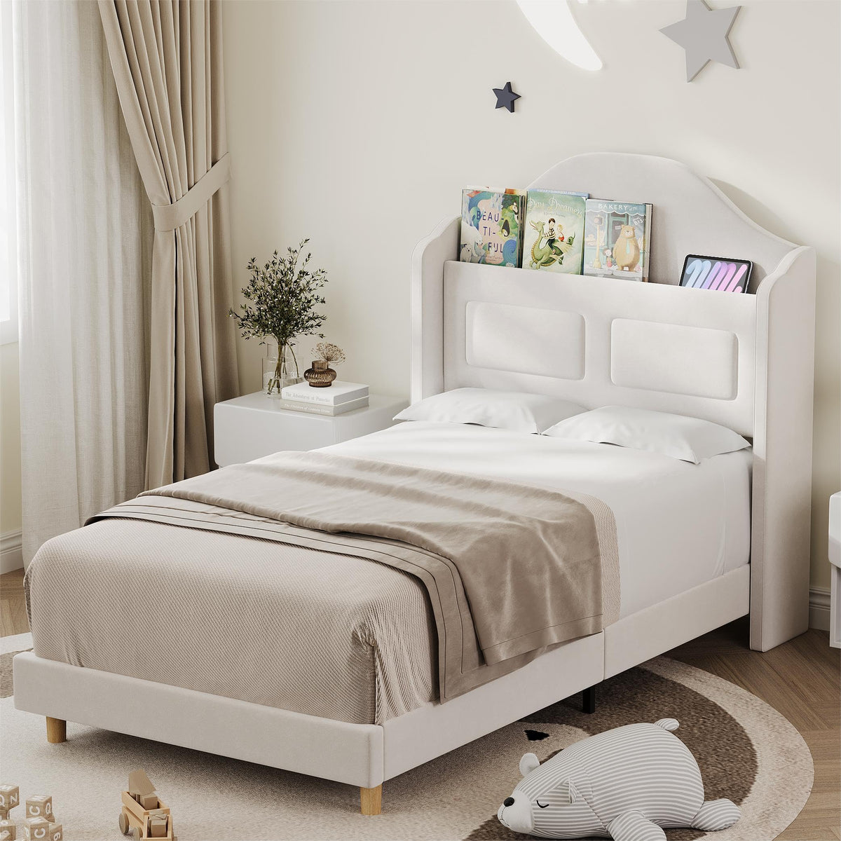 Beige Upholstered Platform Bed with LED Lights U14002