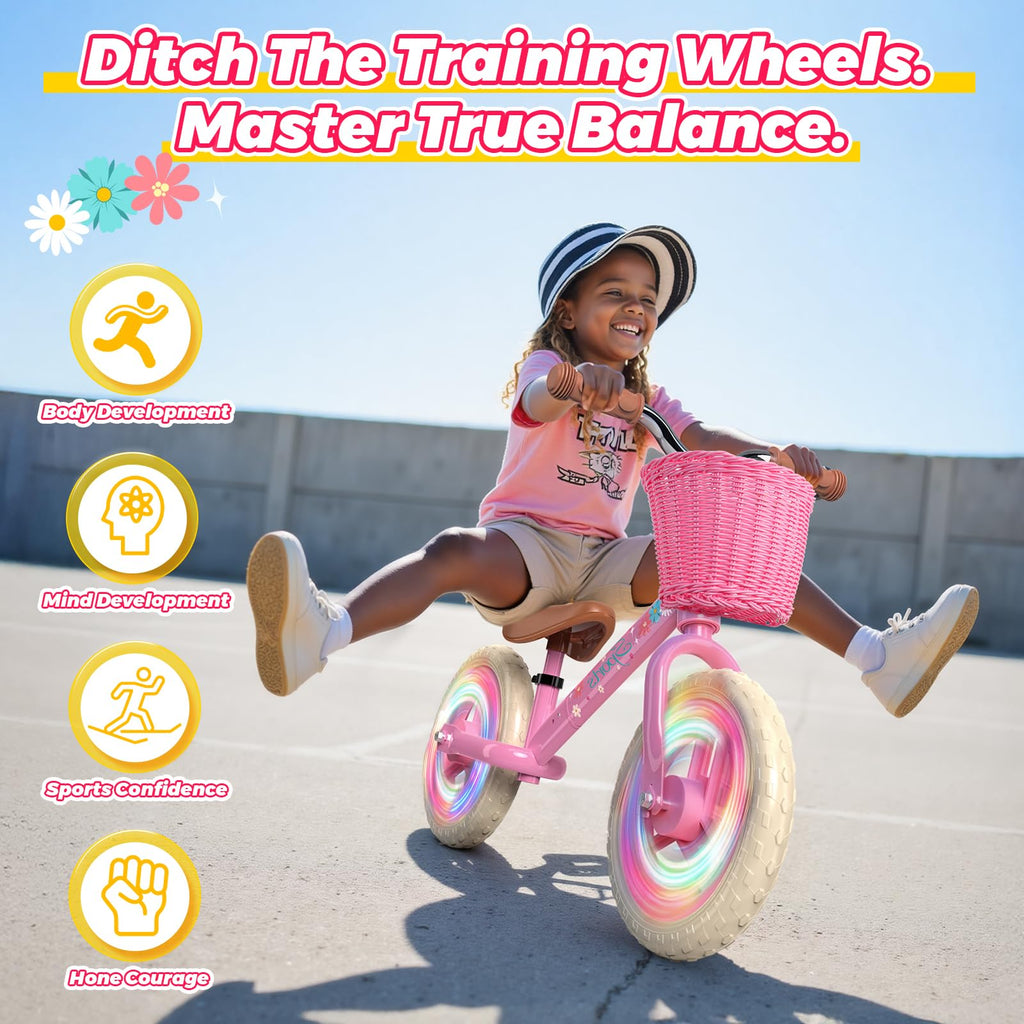 Toddler Balance Bike with Fender, Adjustable Seat/Handlebar, Flat-Free LED Tires N360610