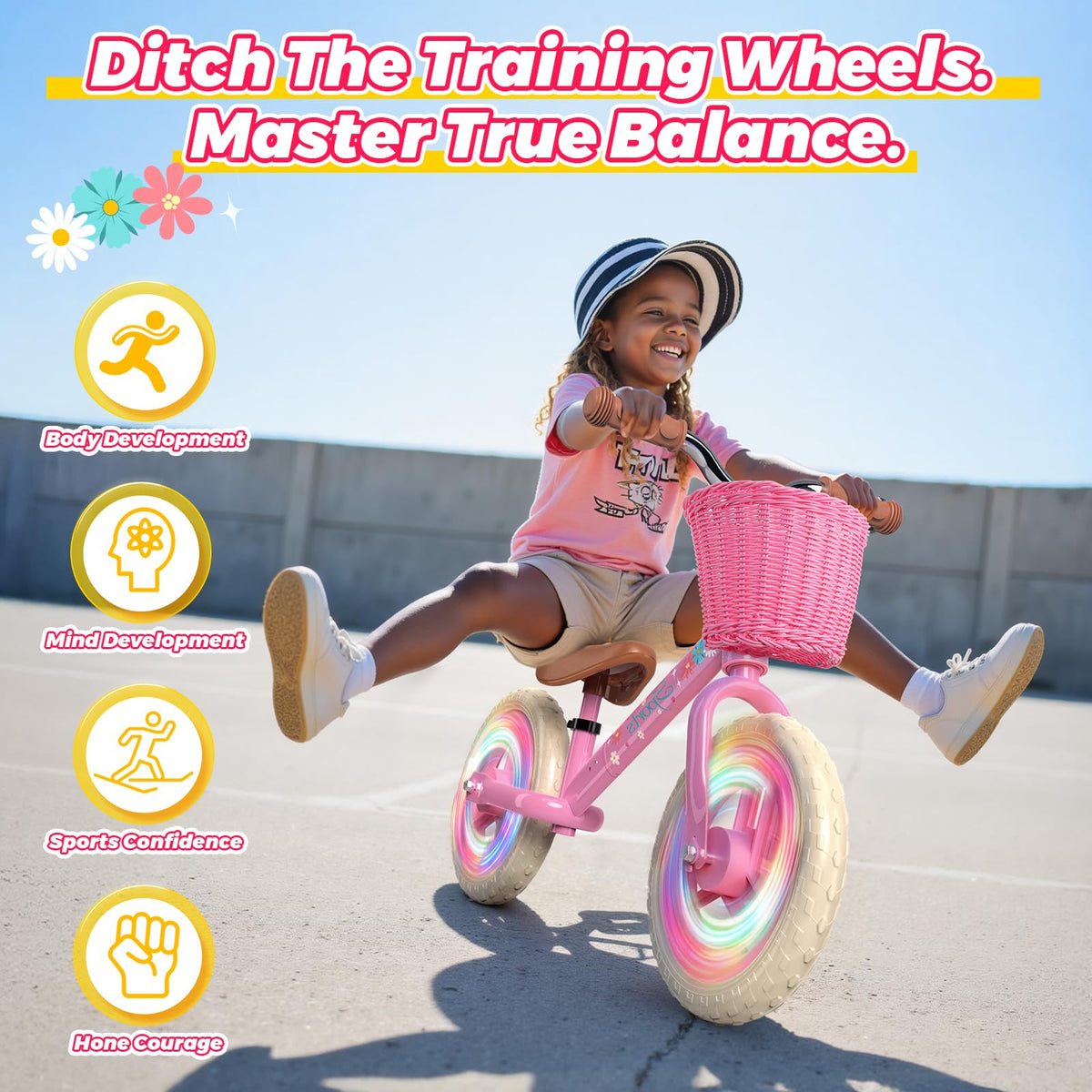 Toddler Balance Bike with Fender, Adjustable Seat/Handlebar, Flat-Free LED Tires N360610