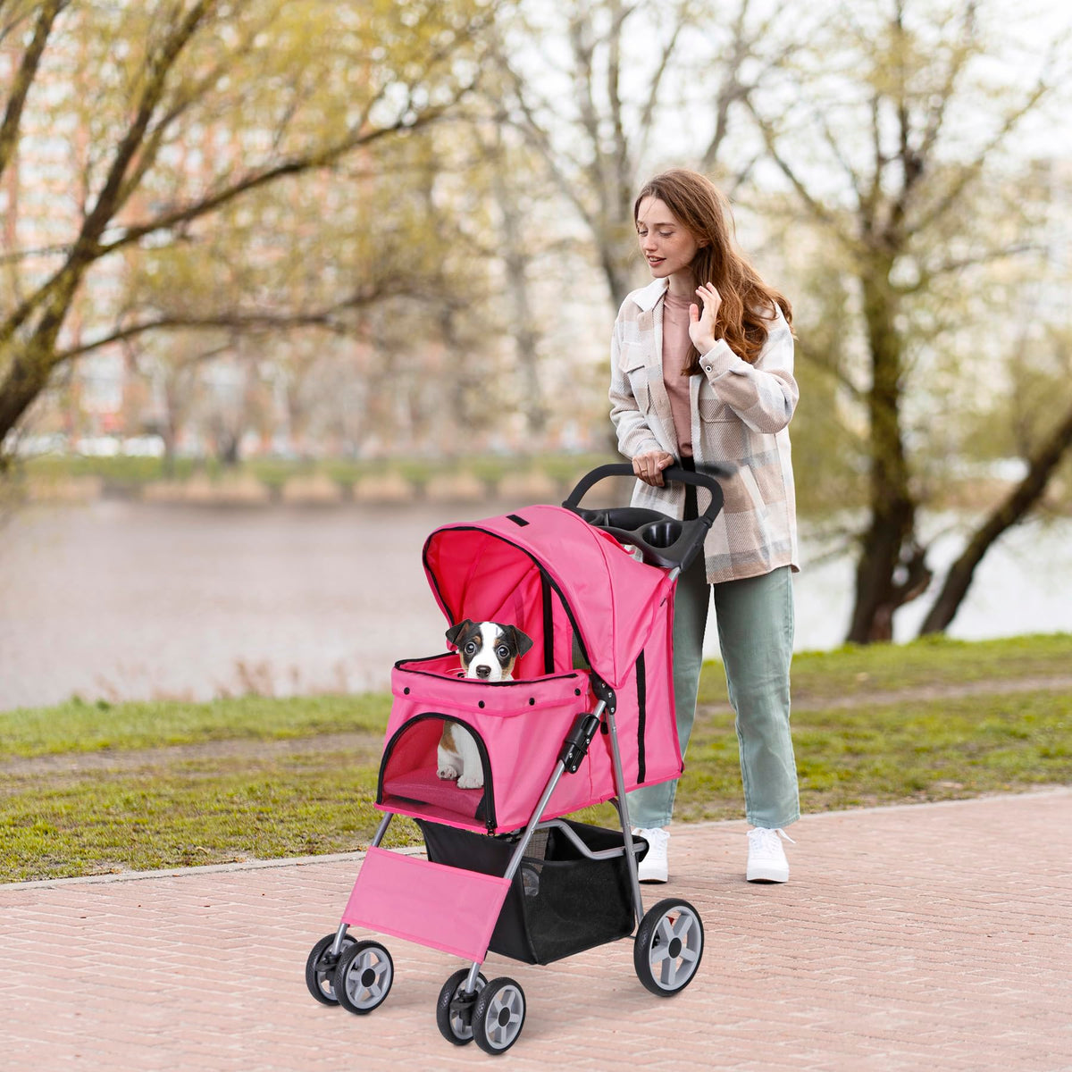 4 Wheels Folding Dog Stroller with Storage Basket, Pink V957