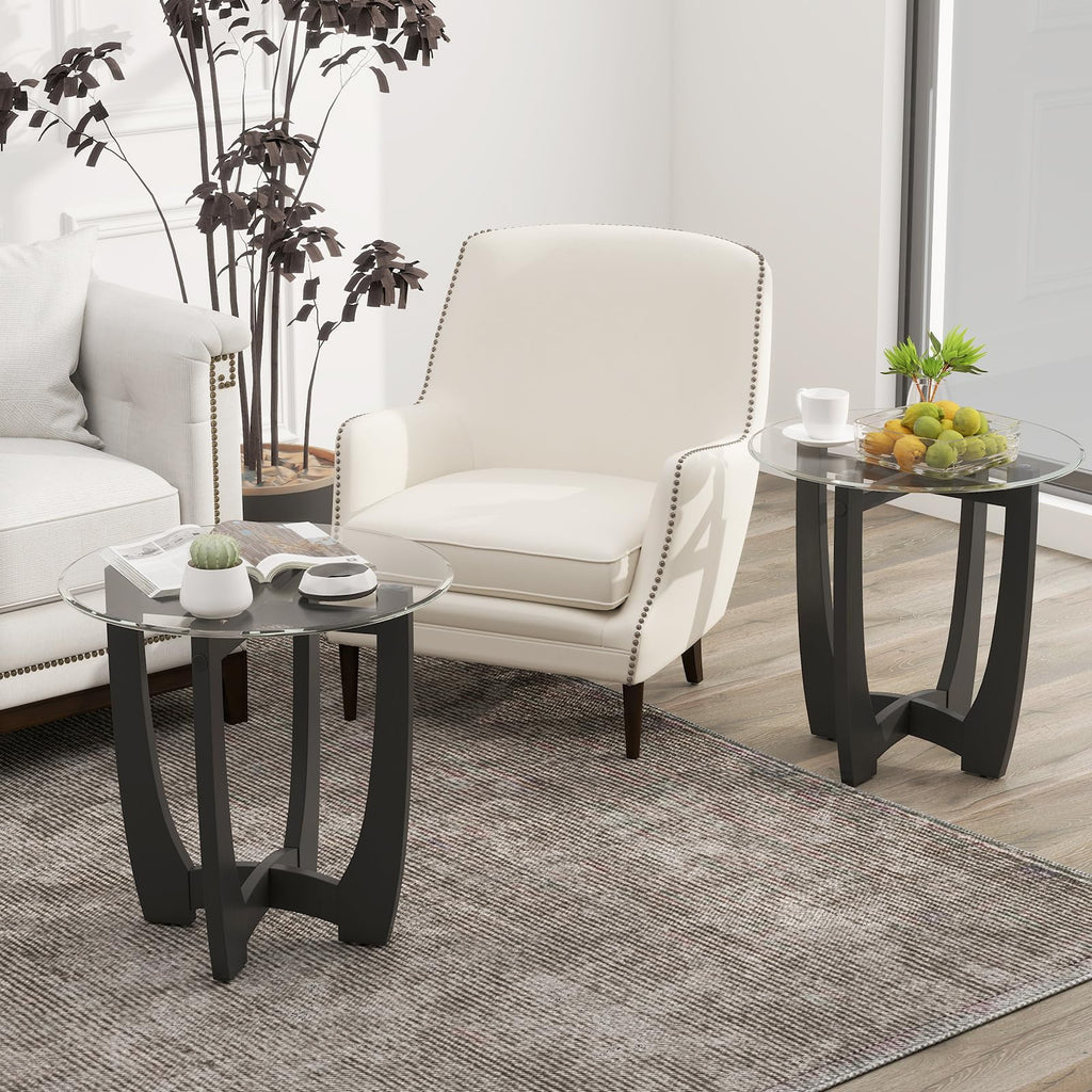 Glass Round End Table Set of 2, 23.5" Black C730