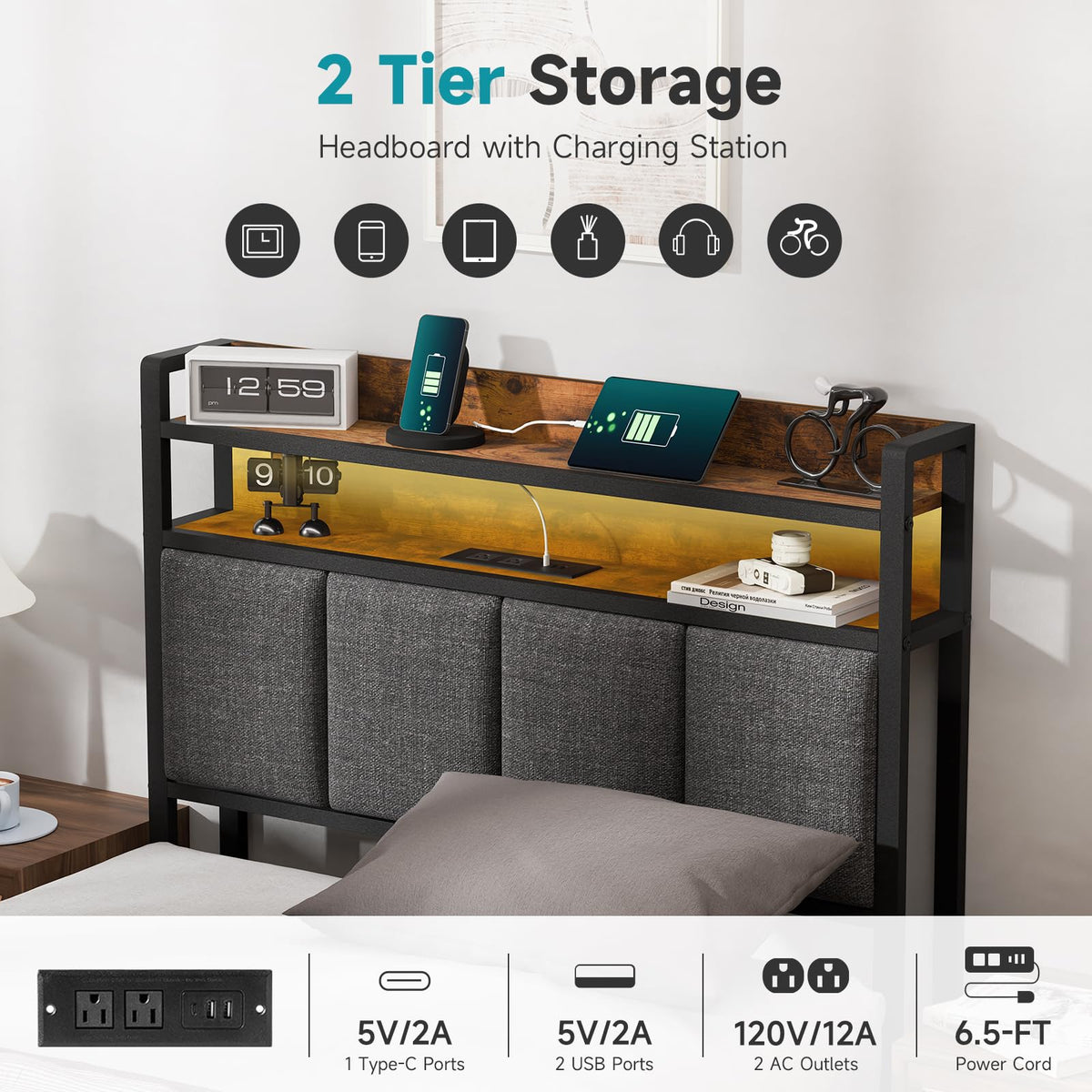 Twin Bed Frame with Upholstered Headboard V783963