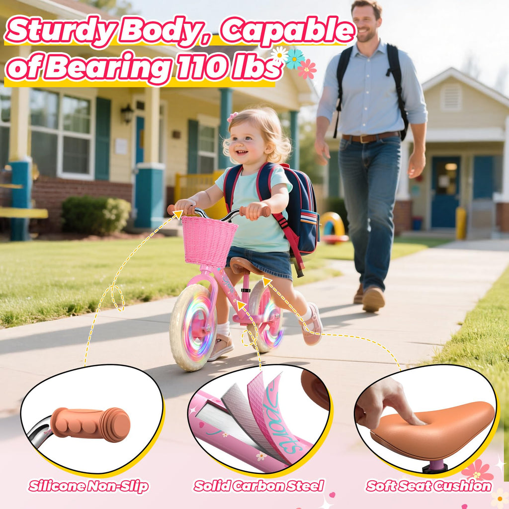 Toddler Balance Bike with Fender, Adjustable Seat/Handlebar, Flat-Free LED Tires N360610