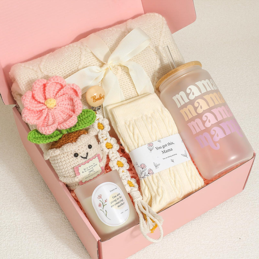 Mom Gift Basket with Blanket, Glass Cup, Candle, Socks & Crochet Flower T893
