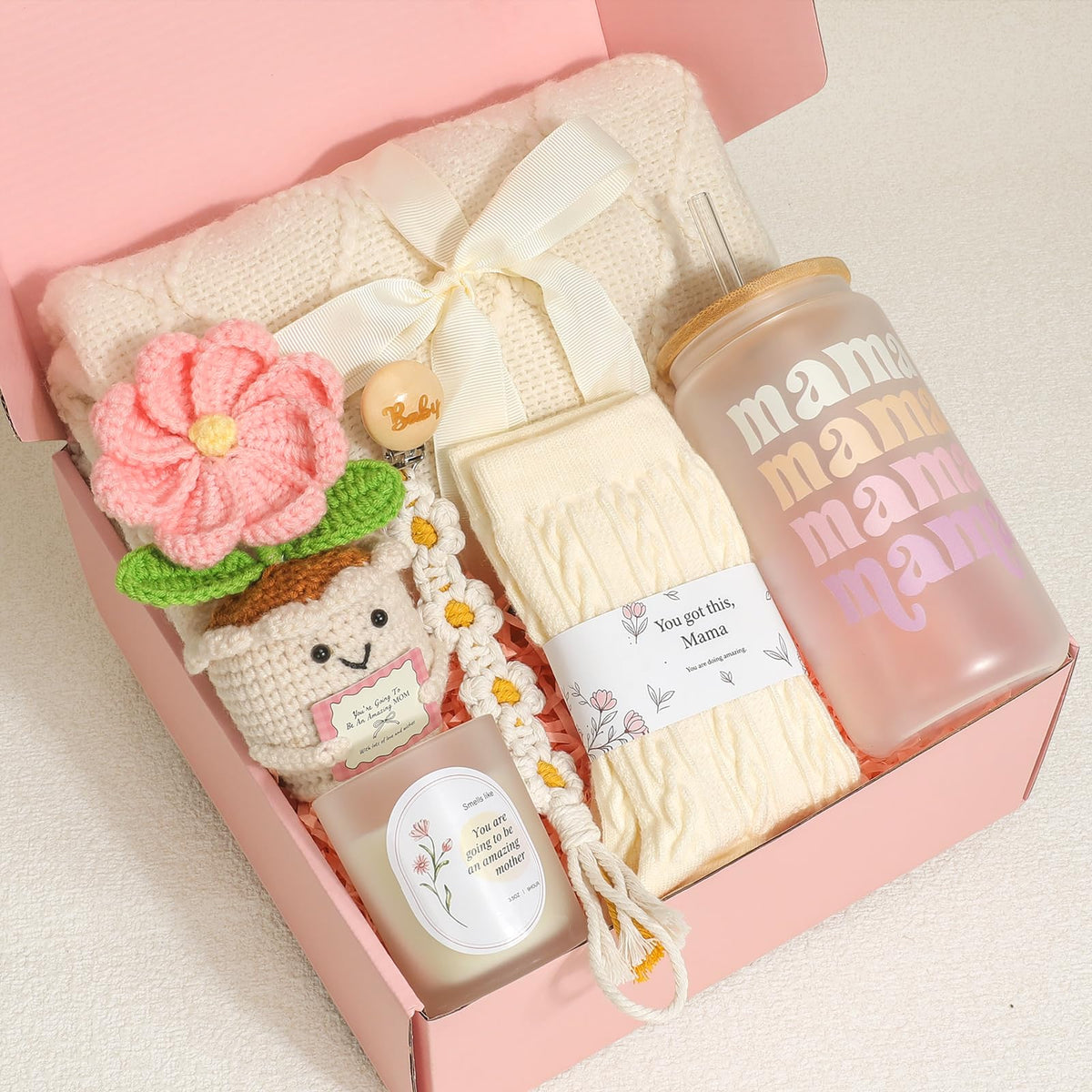Mom Gift Basket with Blanket, Glass Cup, Candle, Socks & Crochet Flower T893