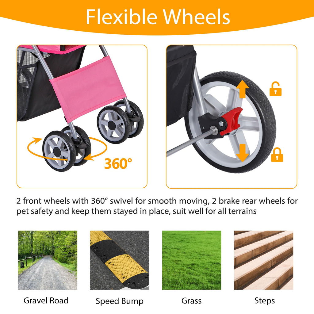 4 Wheels Folding Dog Stroller with Storage Basket, Pink V957