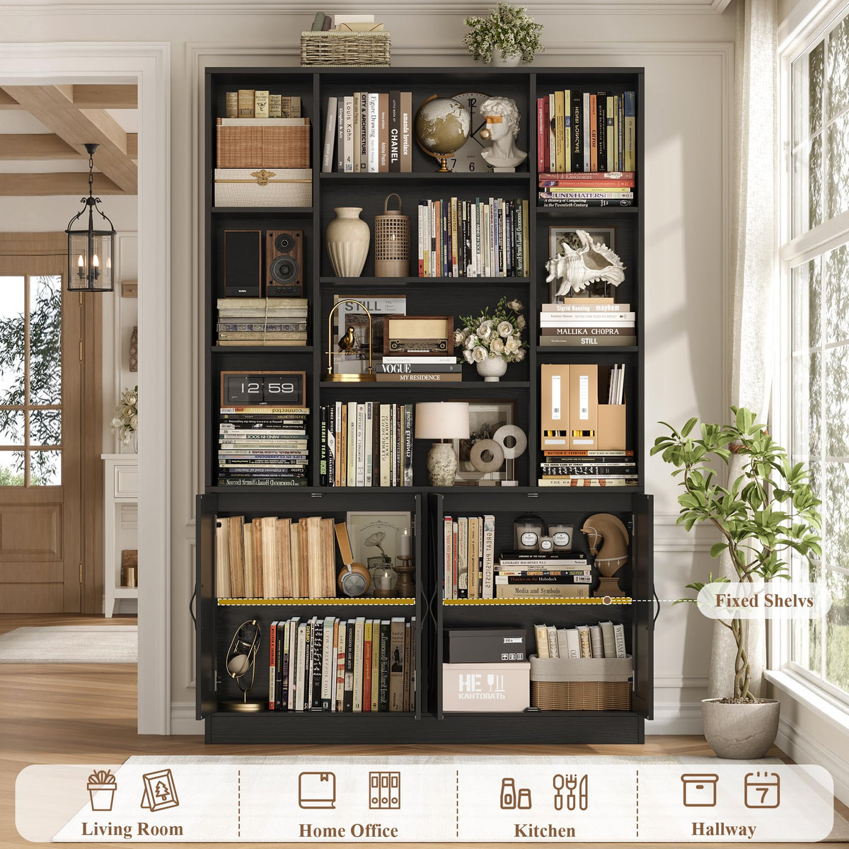 72" Tall Black Bookshelf with Storage M395807