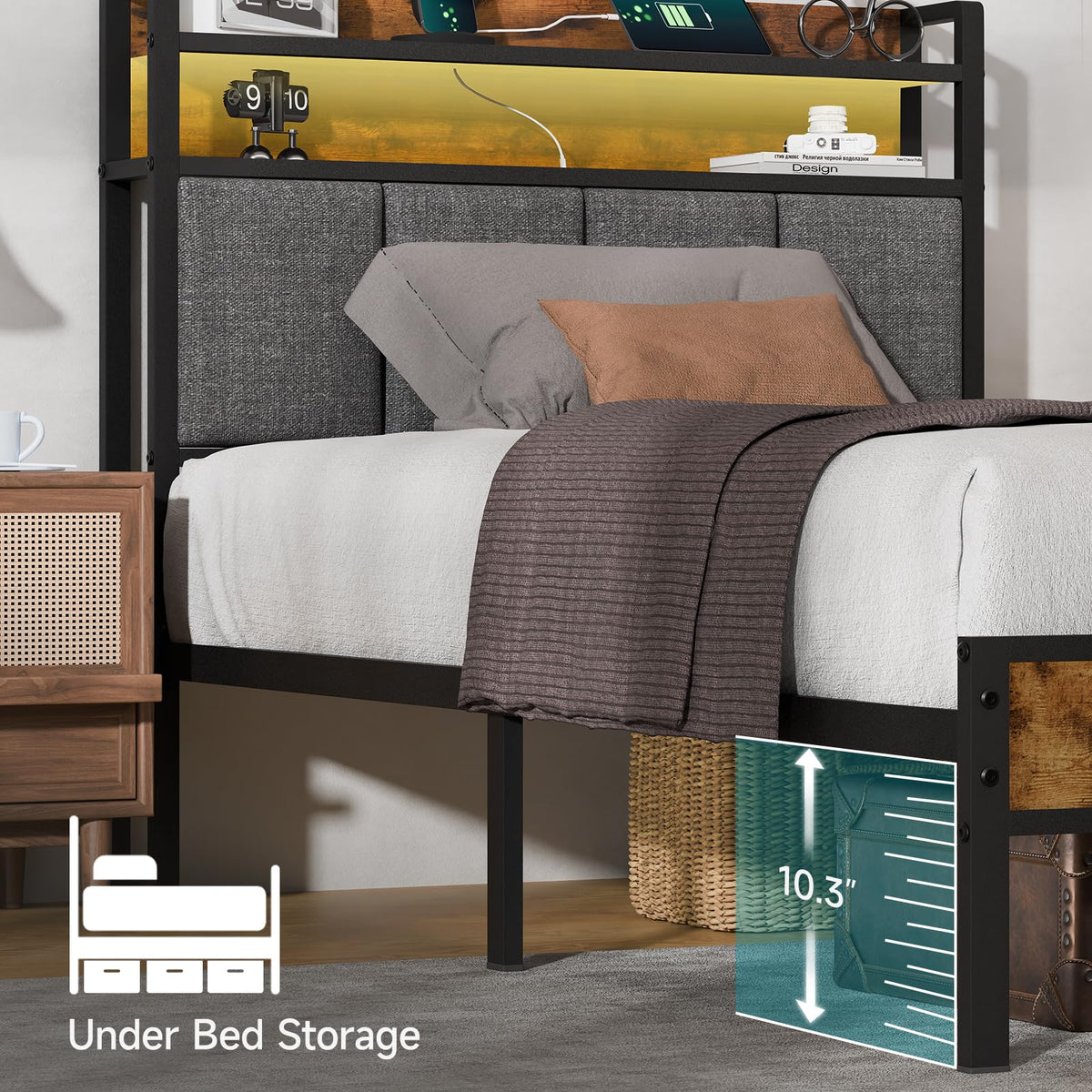 Twin Bed Frame with Upholstered Headboard V783963