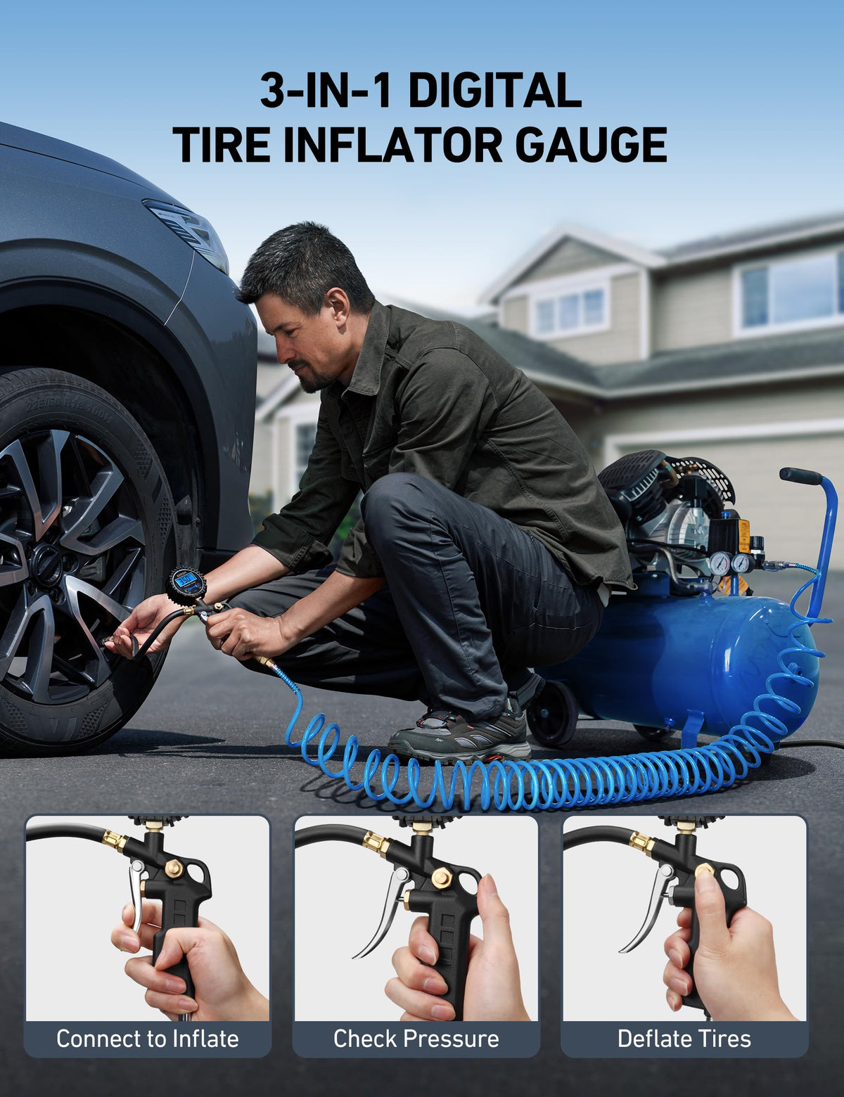 Digital Tire Pressure Gauge with Inflator 3-250 PSI U9888