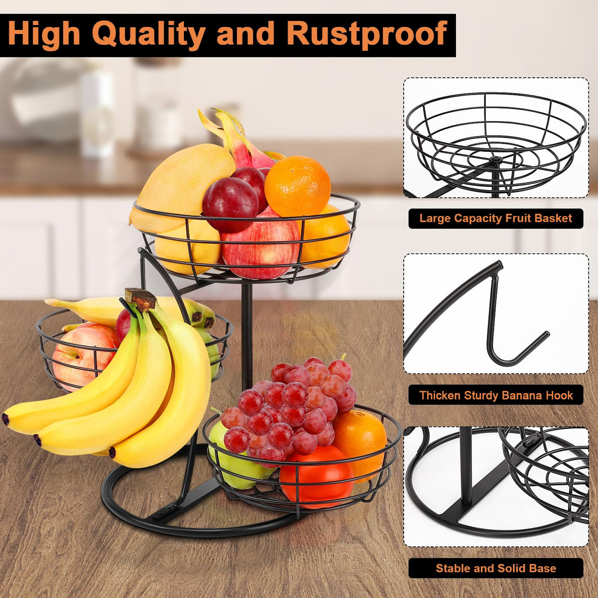 Fruit Basket Bowl with Banana Hanger, 3-Tier Metal Base Q989782