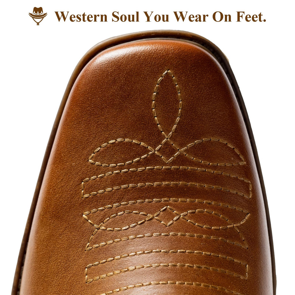 Cowboy Boots for Men Square Toe Leather Ankle Western Chelsea Slip On Boots O685