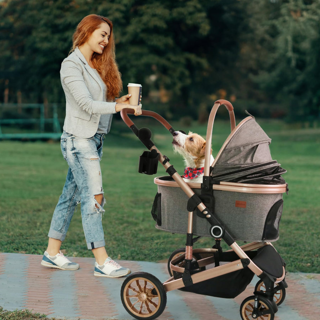 Dog Stroller with Detachable Carrier, Rubber Wheels, 50 lbs, Grey F55901