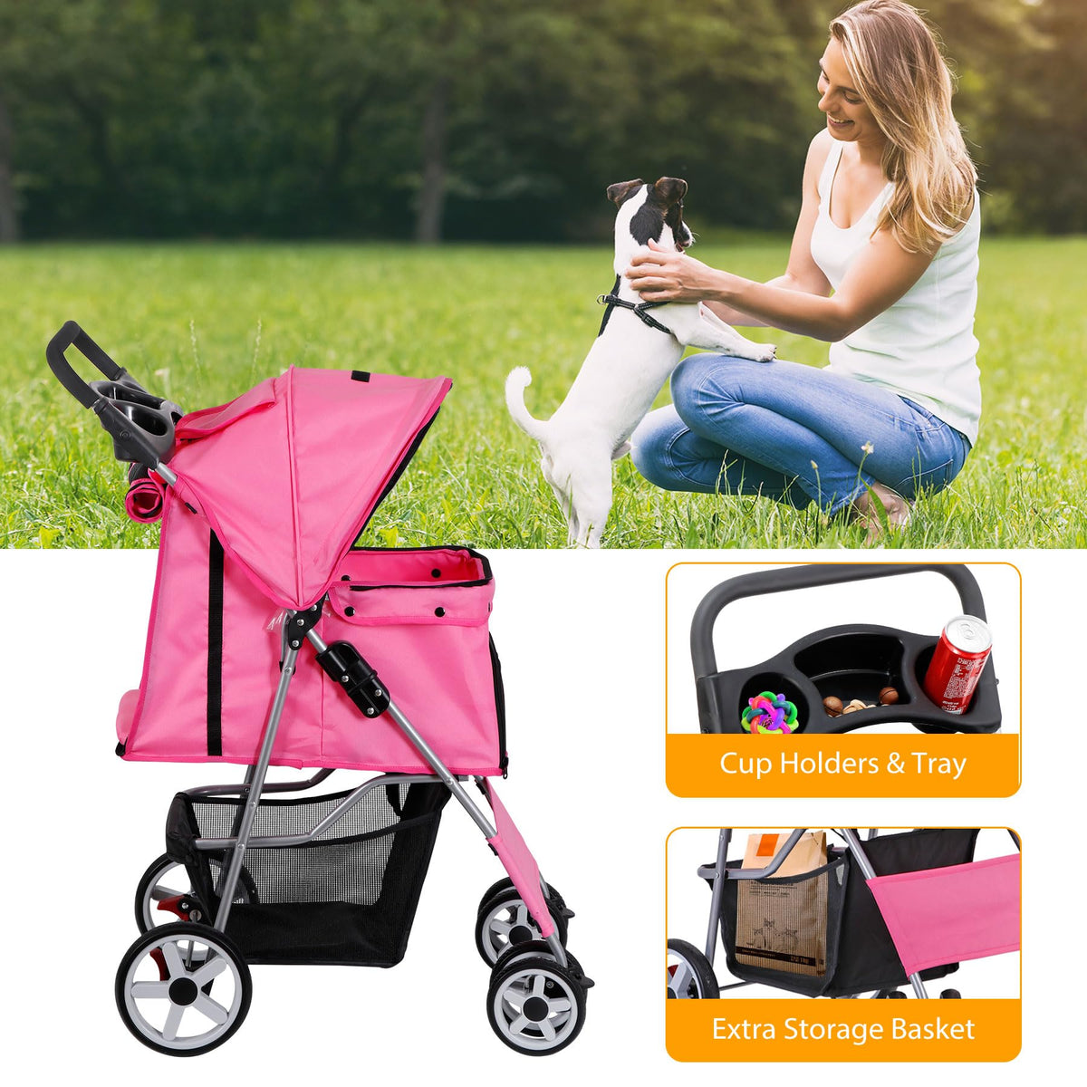 4 Wheels Folding Dog Stroller with Storage Basket, Pink V957