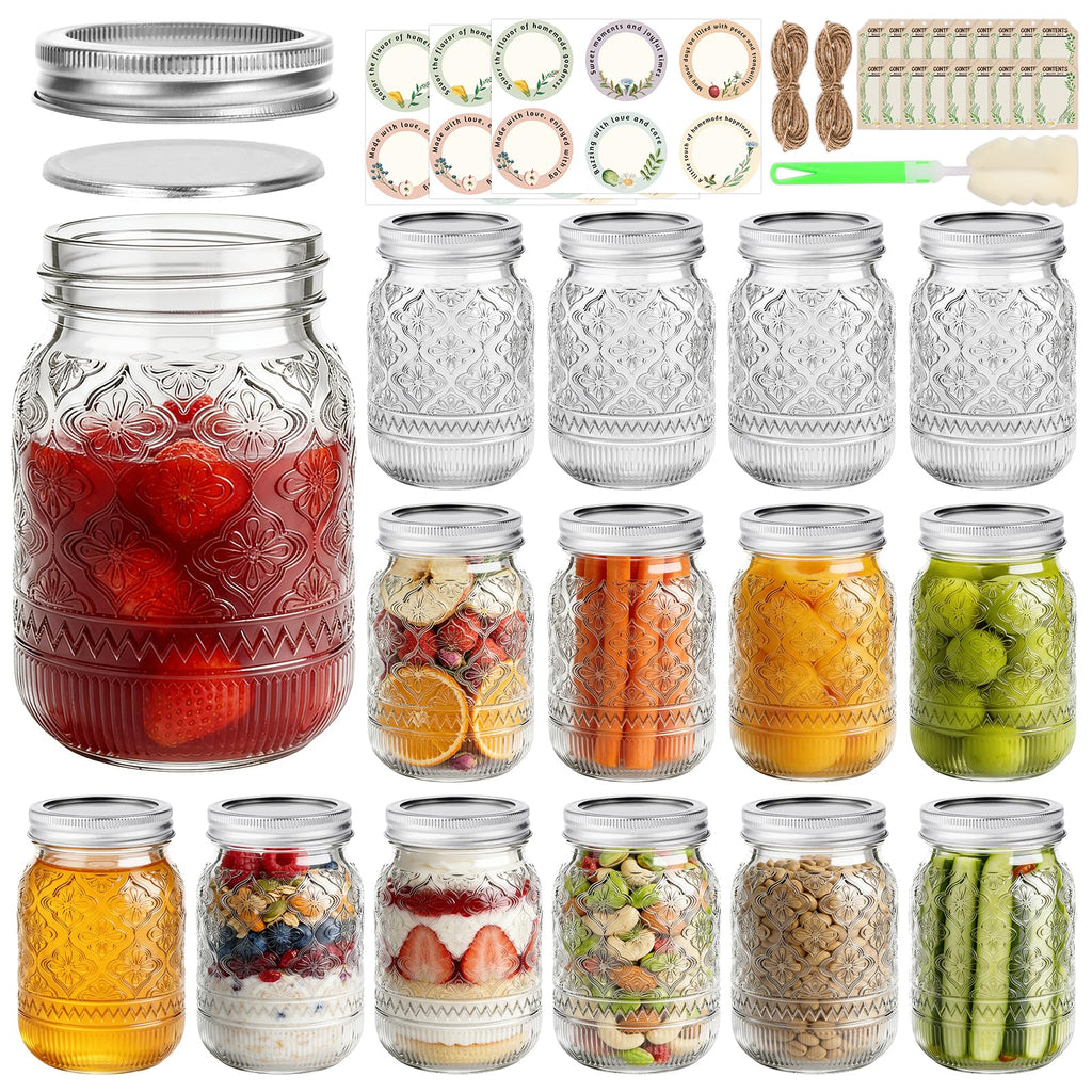16oz Embossed Mason Jars 15-Pack with Airtight Lids X12609