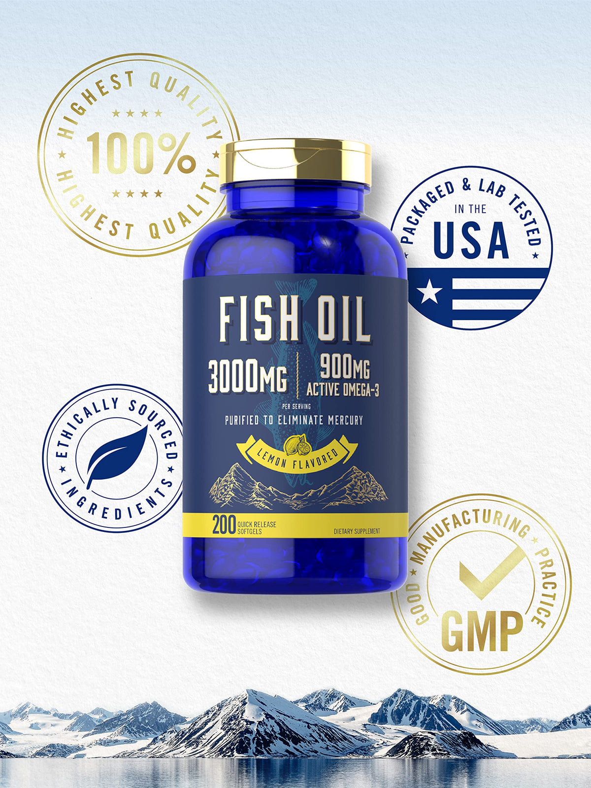 Fish Oil 3000mg 900mg Omega 3 200 Softgels Lemon Flavor D337346