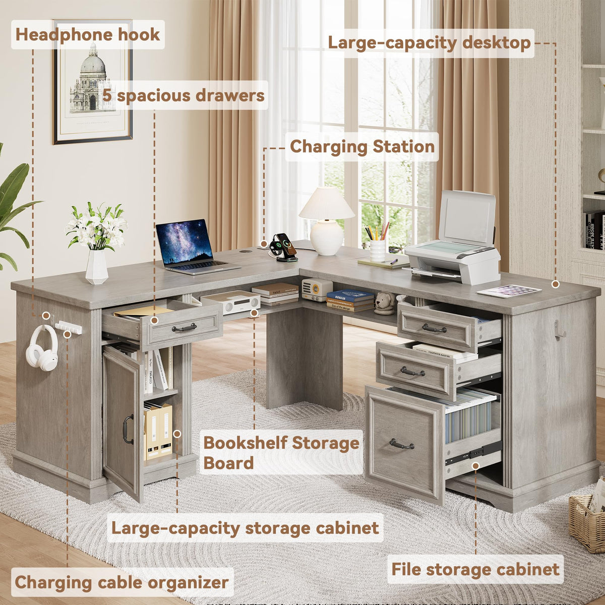 L Shaped Executive Desk with 4 Drawers Grey G823551