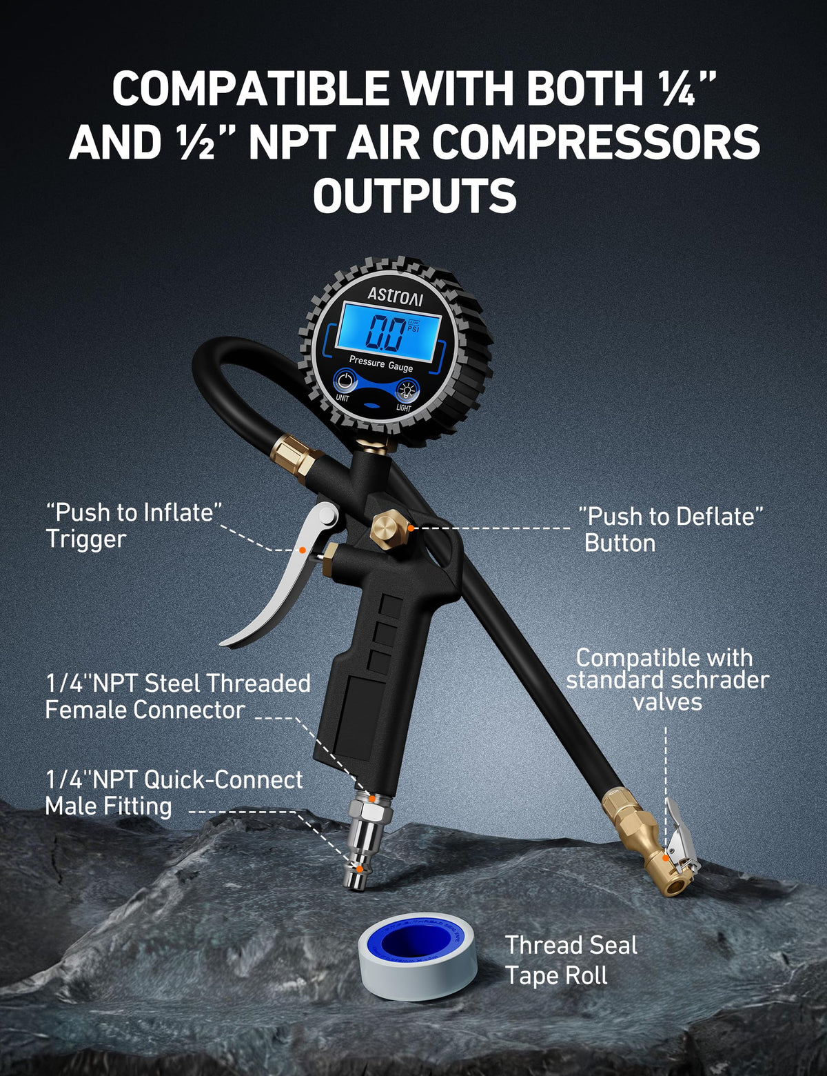 Digital Tire Pressure Gauge with Inflator 3-250 PSI U9888