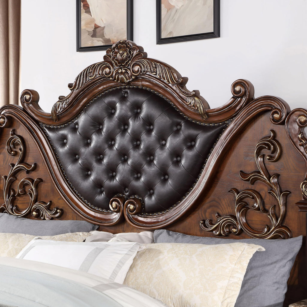 Brown Cherry California King-Size Wood Bed with Button-Tufted Headboard D563836