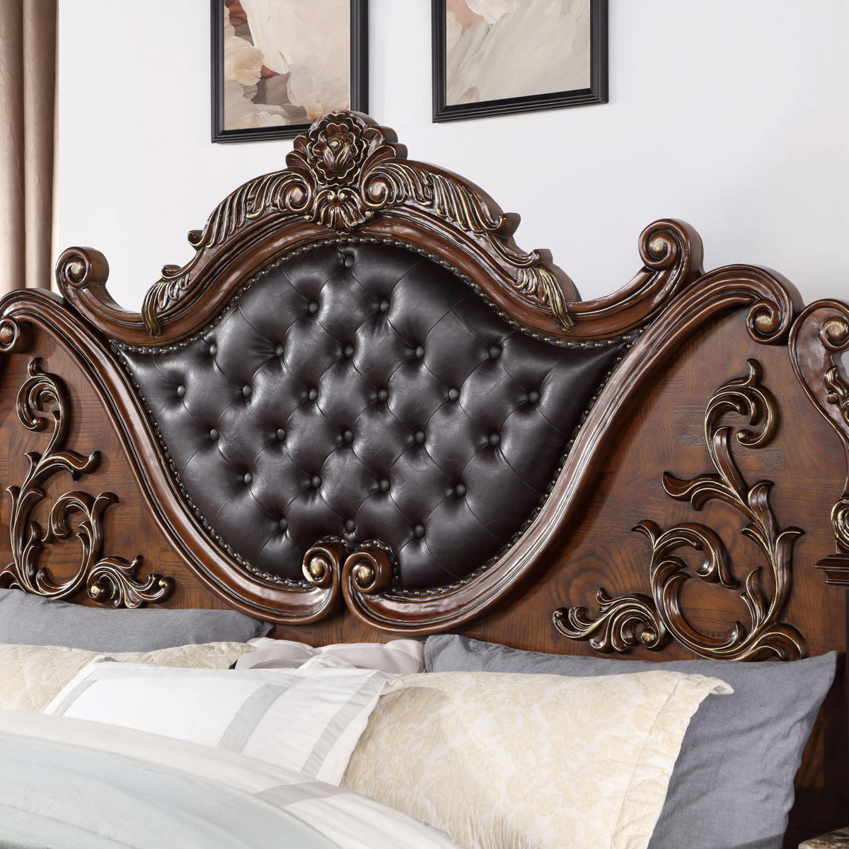 Brown Cherry California King-Size Wood Bed with Button-Tufted Headboard D563836