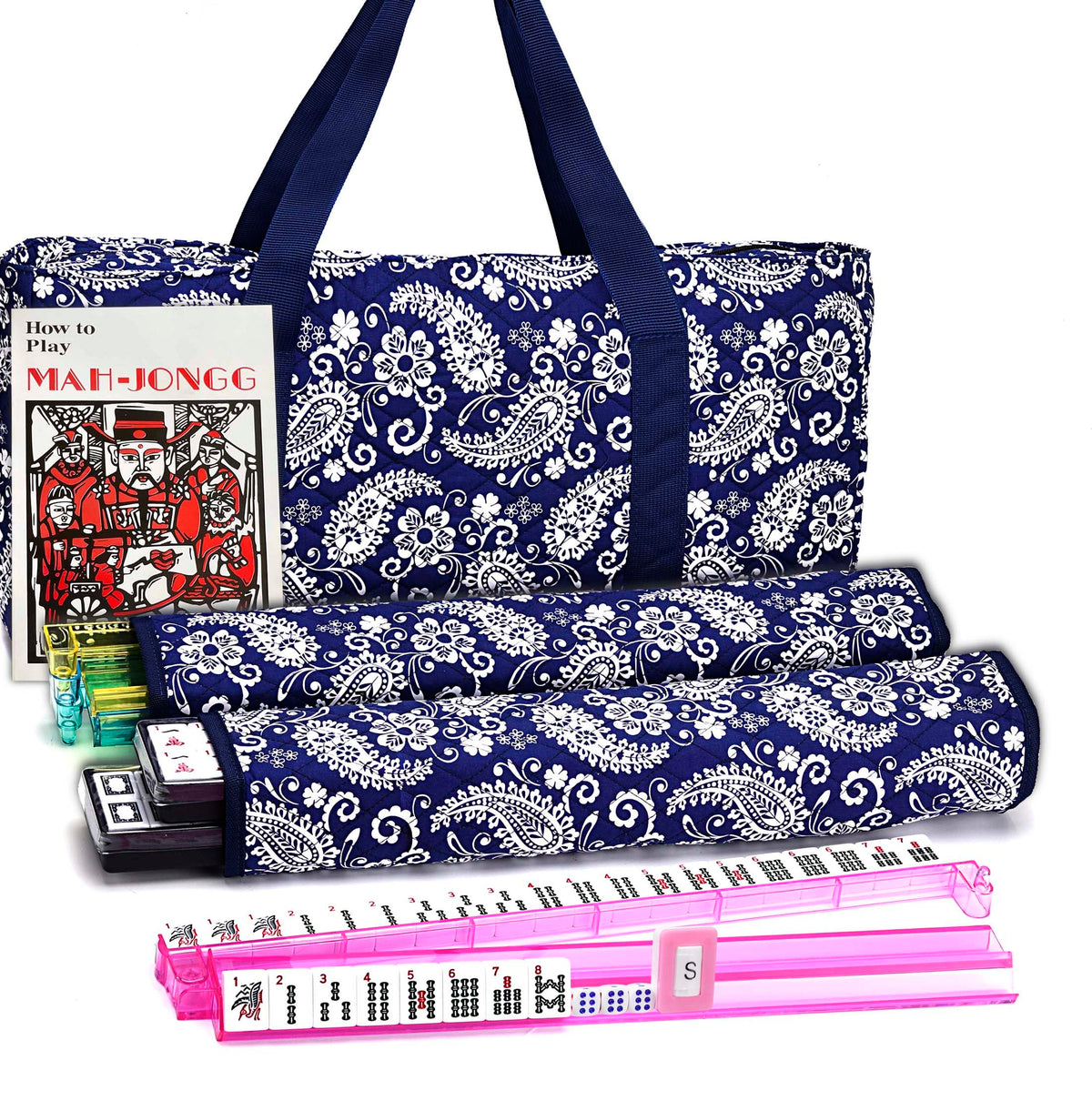 American Mahjong Set with Blue Paisley Carrying Bag 166 White Tiles Z41529