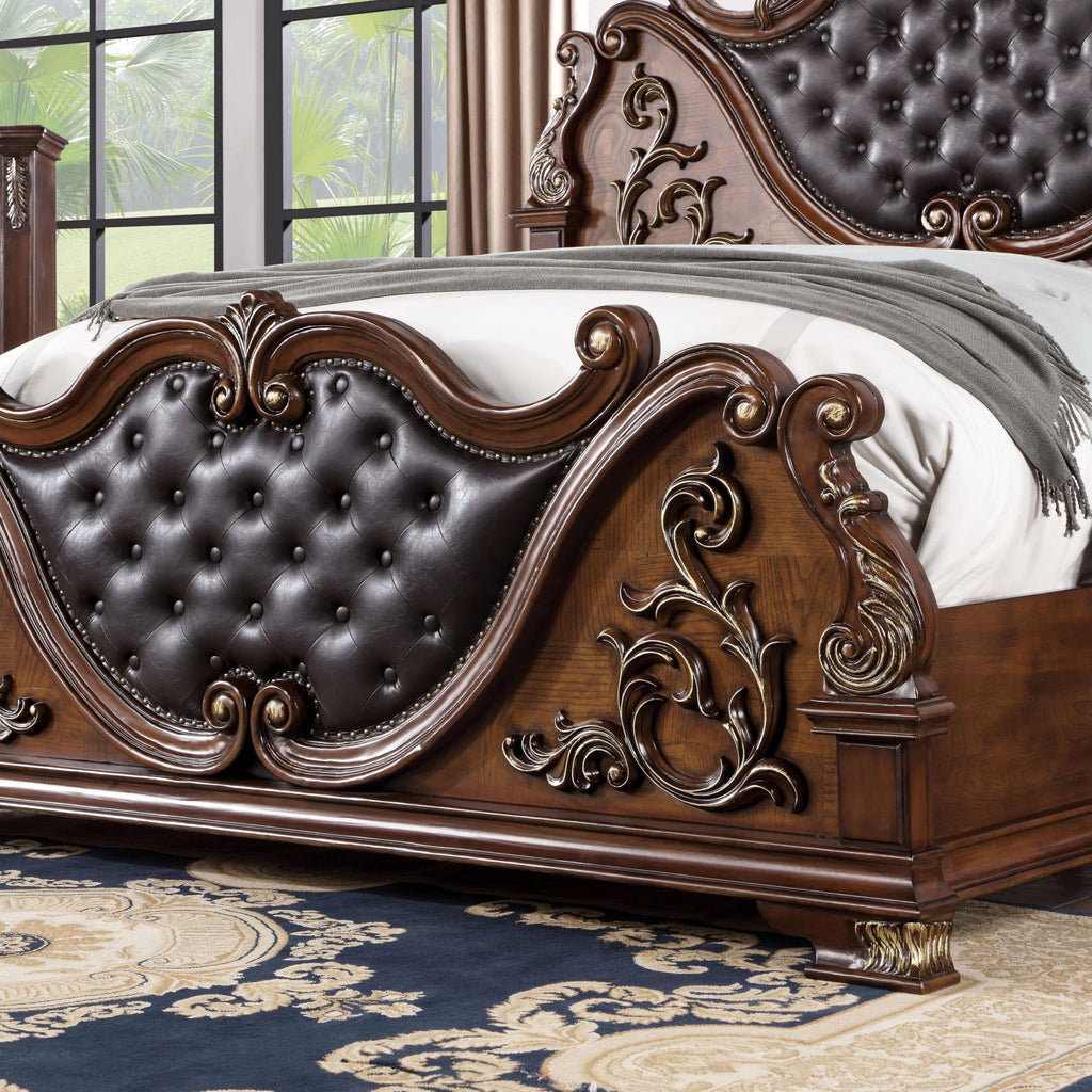 Brown Cherry California King-Size Wood Bed with Button-Tufted Headboard D563836