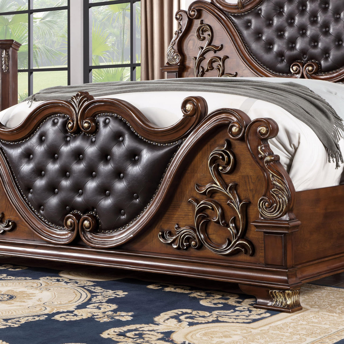 Brown Cherry California King-Size Wood Bed with Button-Tufted Headboard D563836