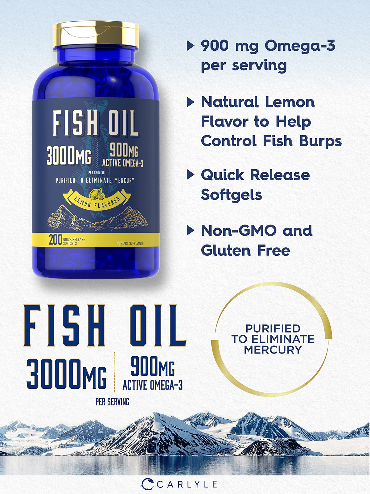 Fish Oil 3000mg 900mg Omega 3 200 Softgels Lemon Flavor D337346