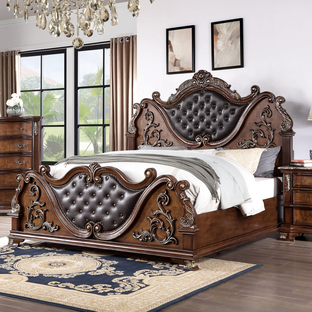 Brown Cherry California King-Size Wood Bed with Button-Tufted Headboard D563836