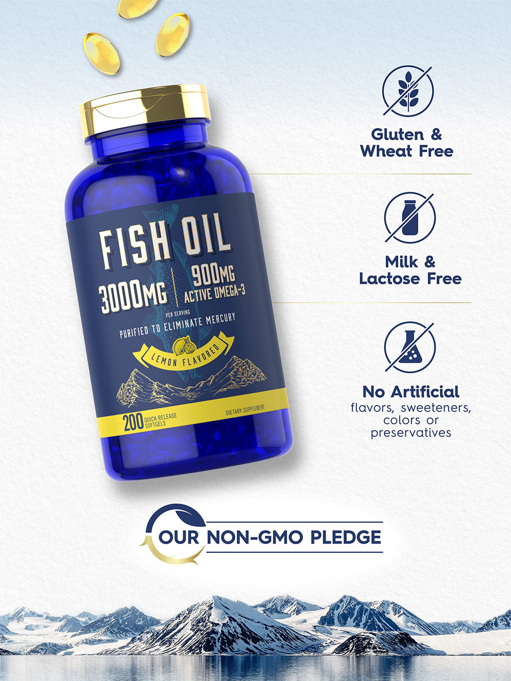 Fish Oil 3000mg 900mg Omega 3 200 Softgels Lemon Flavor D337346